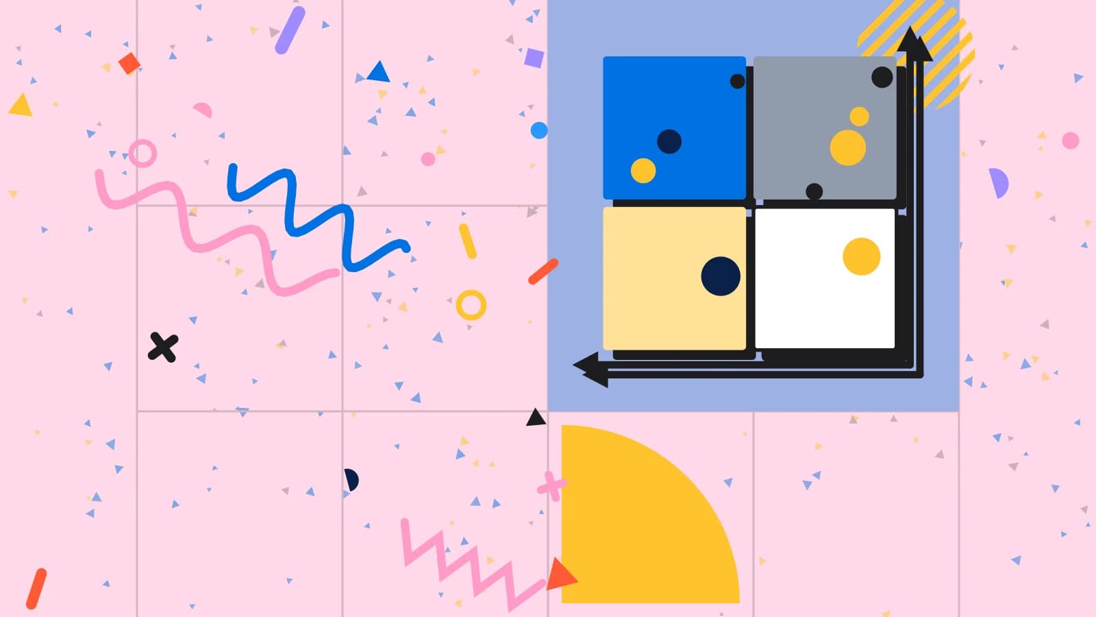 Illustration for daypart menus: a four quadrant matrix with dishes plotted on it, in blue and yellow on pale pink.