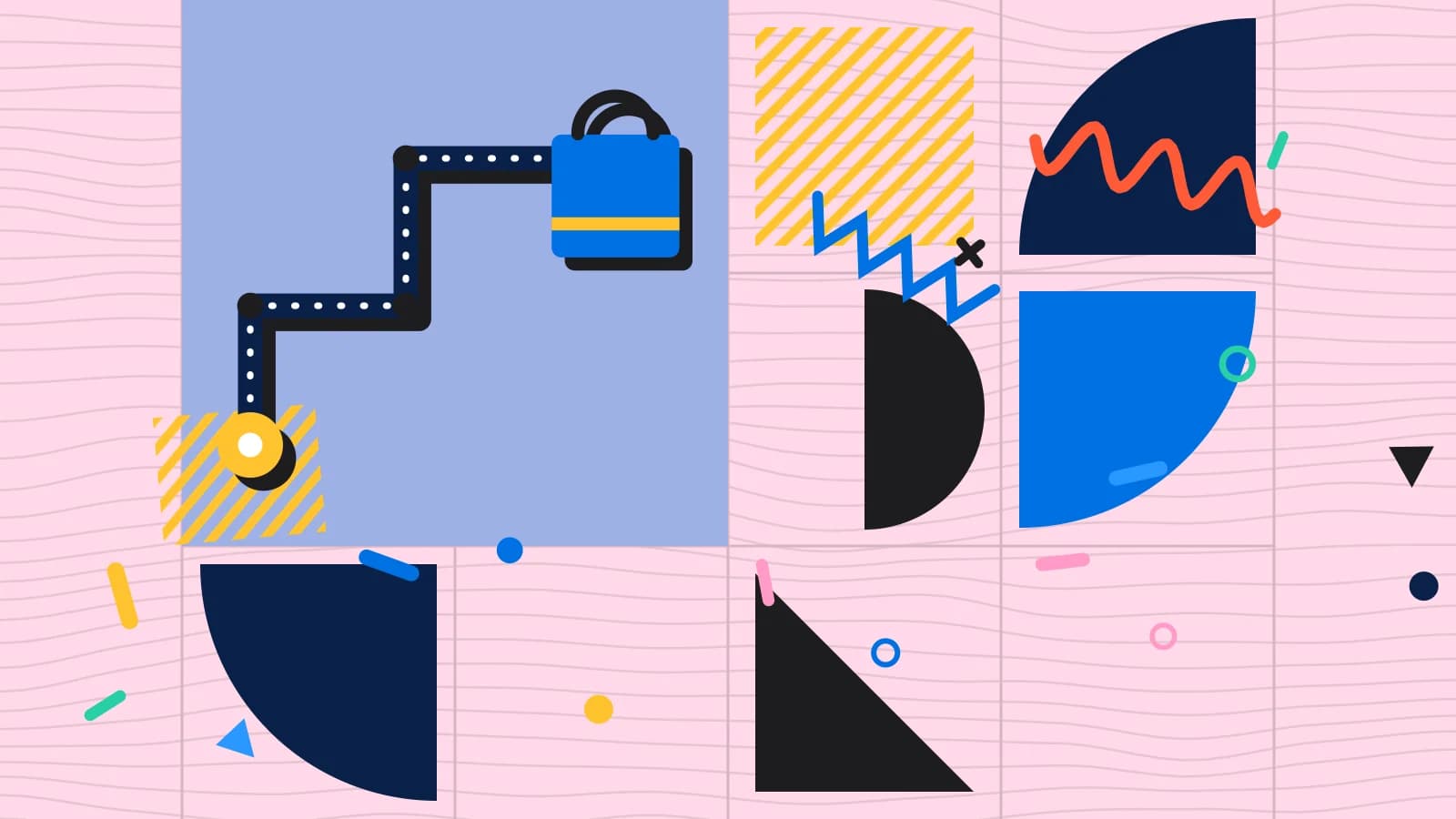 Illustration for delivery and the kitchen: a delivery route ending at a takeaway bag, in blue and yellow on pale pink.
