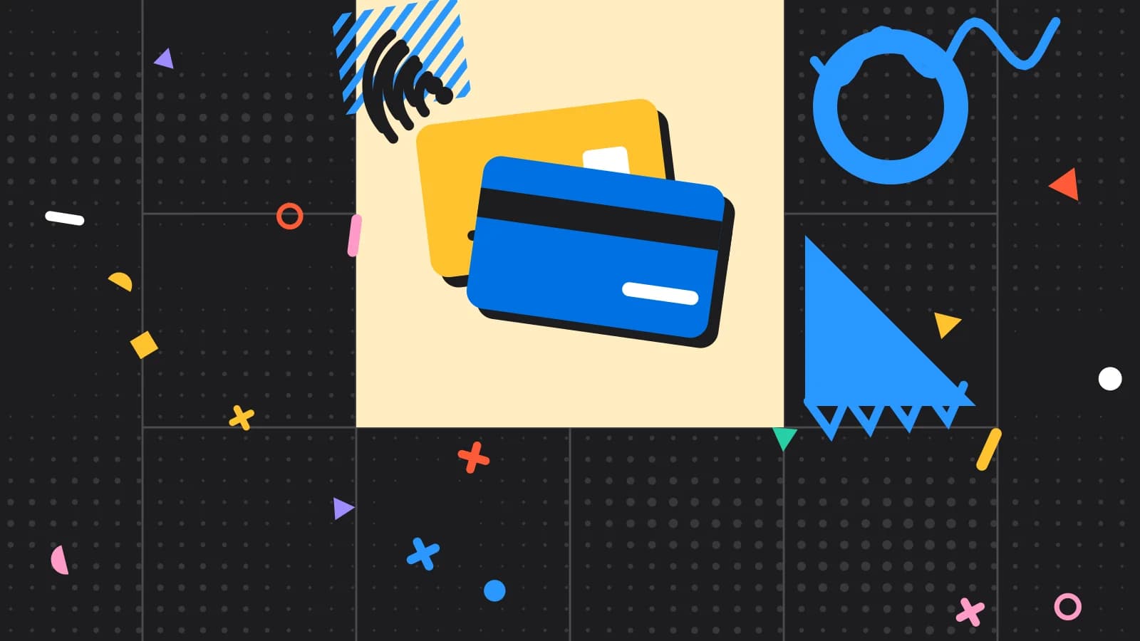 Illustration for discounts at the till: two payment cards with contactless waves, in yellow and light blue on black.