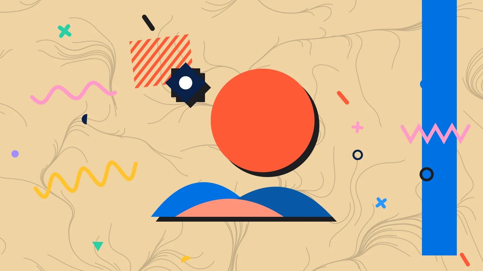 Illustration for dubai restaurant competition: a sun setting behind layered dunes, with an eight point star, in blue and coral on sand.