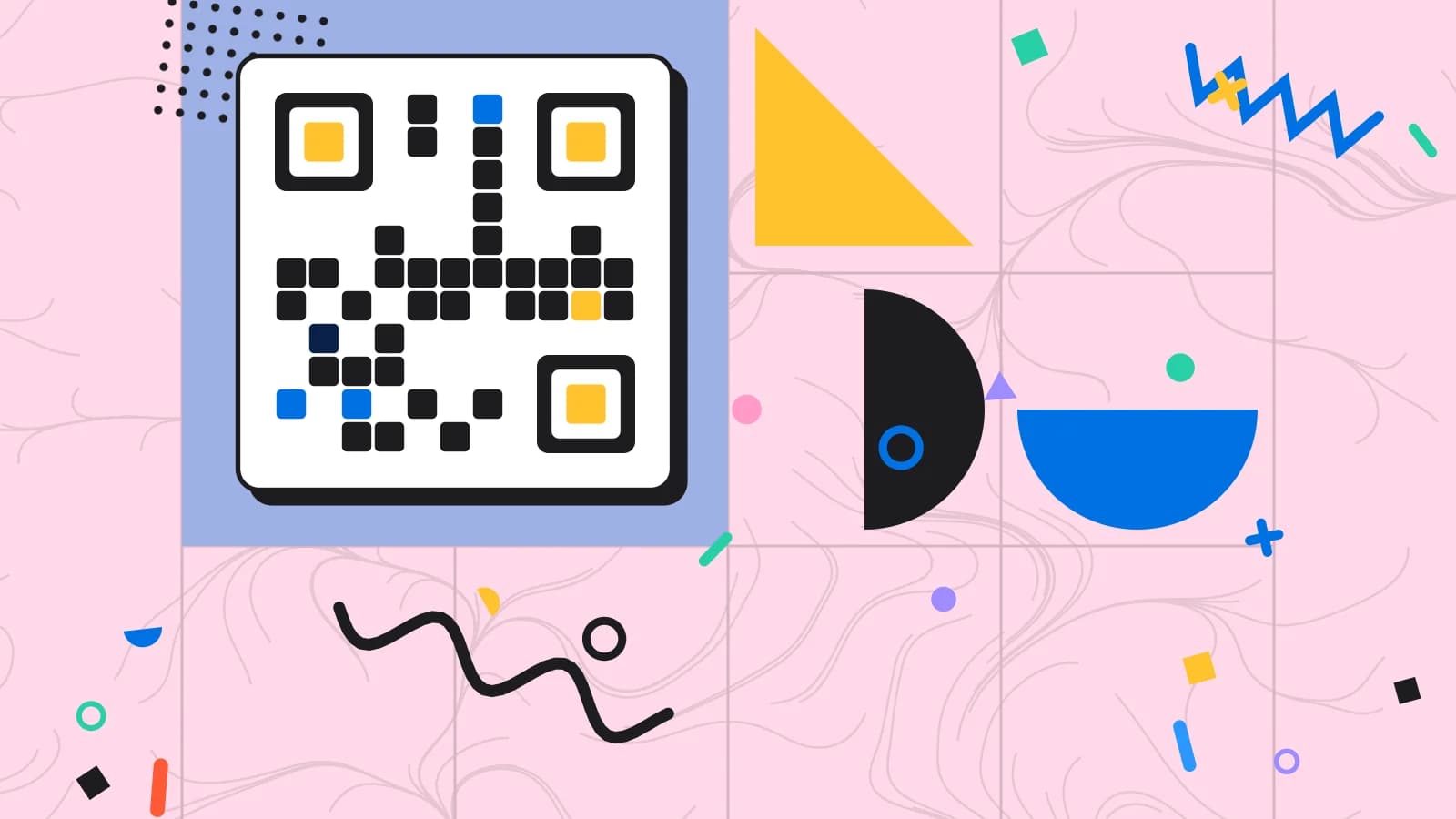 Illustration for qr code mistakes: a grid of squares arranged like a QR code, in blue and yellow on pale pink.