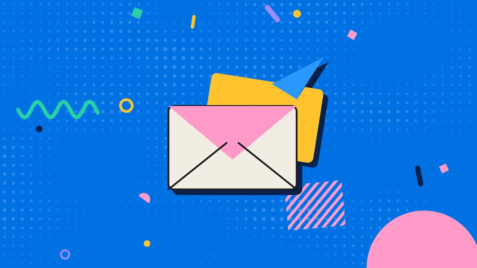 Illustration for email subject lines: an envelope with a paper plane taking off, in yellow and pink on blue.