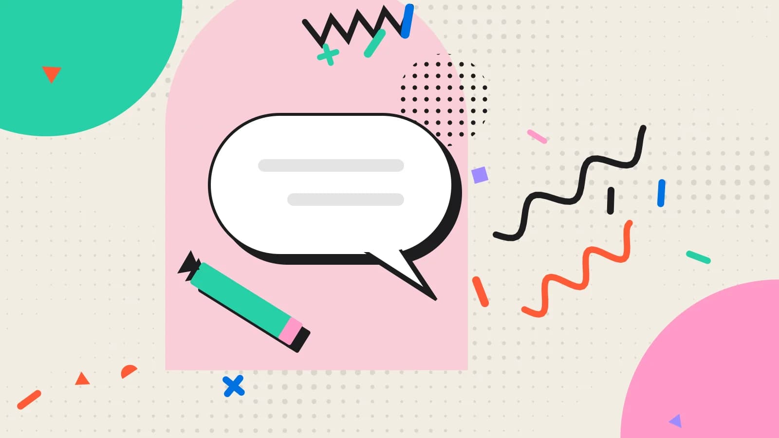 Illustration for feedback at the table: a large speech bubble with a pencil writing a reply, in pink and mint on cream.