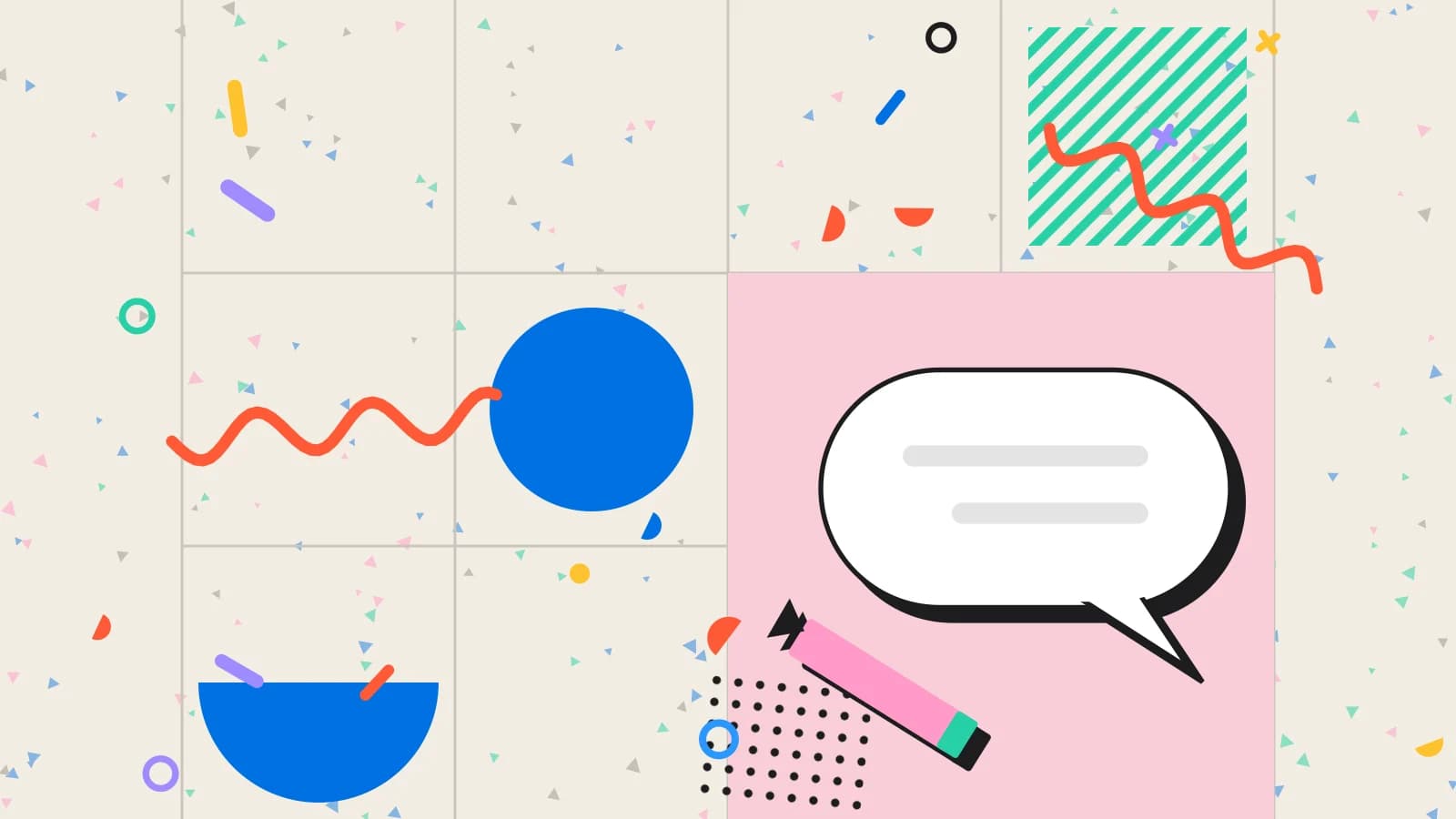 Illustration for feedback emails: a large speech bubble with a pencil writing a reply, in pink and mint on cream.