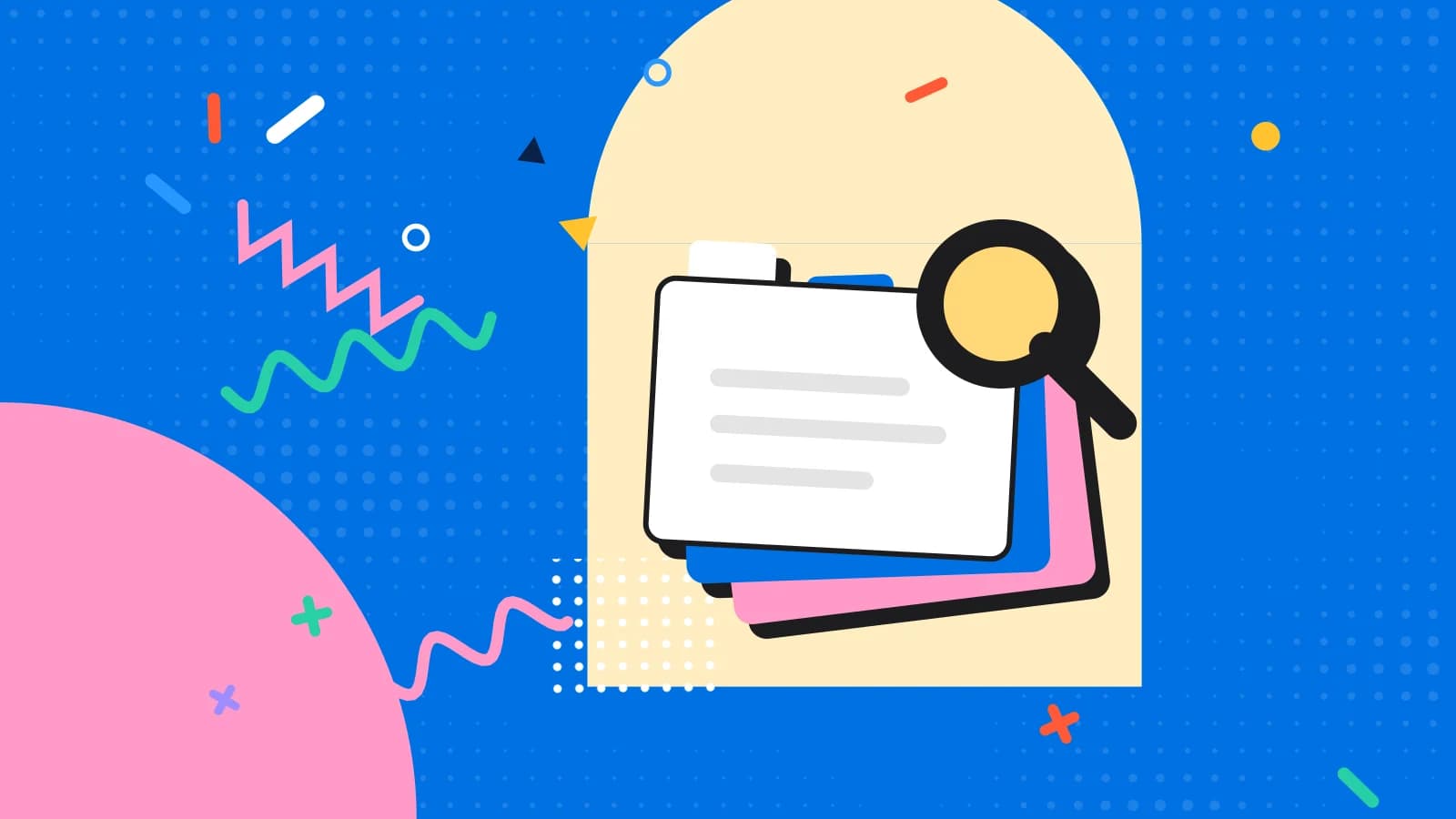 Illustration for restaurant promotion ideas: stacked index cards under a magnifying glass, in yellow and pink on blue.