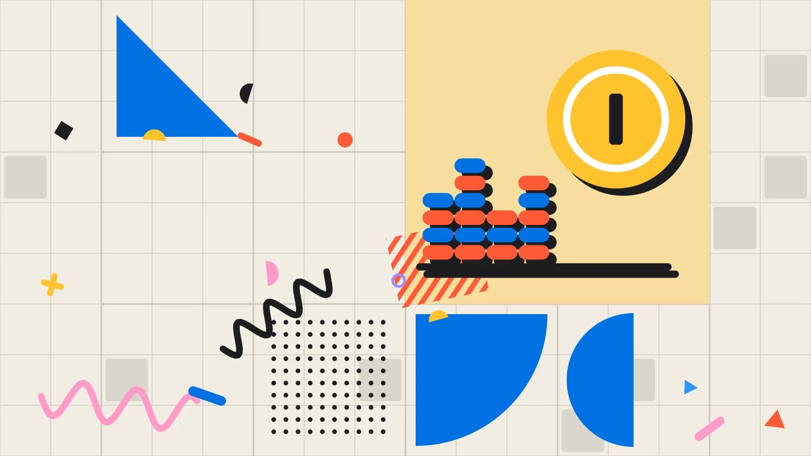 Illustration for food cost variance: stacked coins beside a large coin, in yellow and coral on cream.