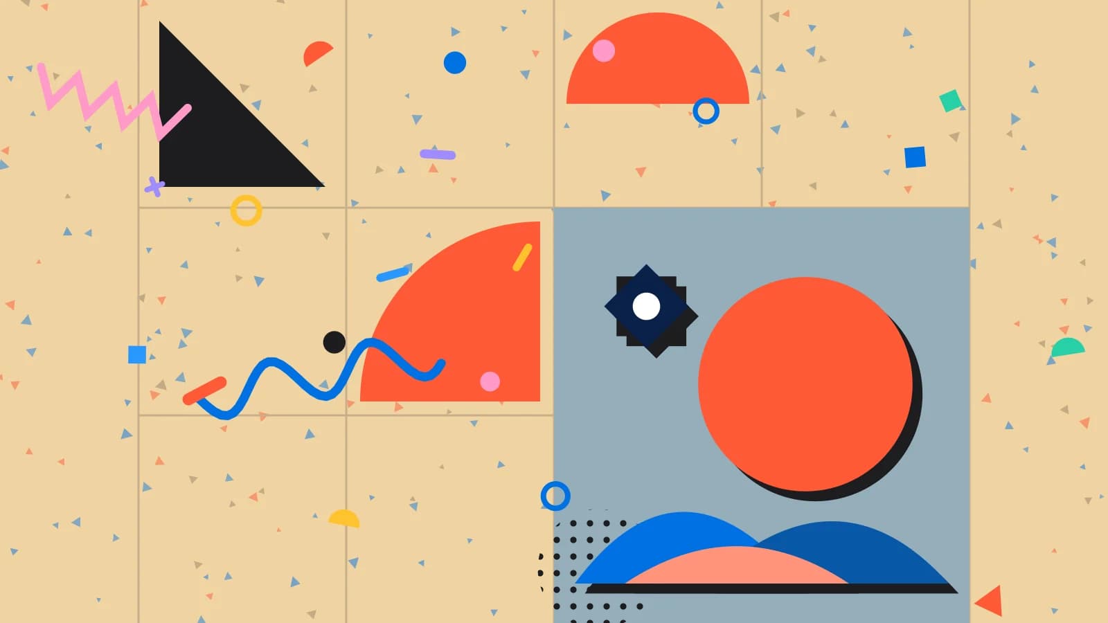 Illustration for google reviews in the uae: a sun setting behind layered dunes, with an eight point star, in blue and coral on sand.