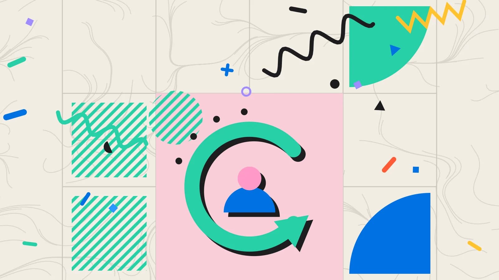 Illustration for guest churn: a looping arrow around a returning guest, in pink and mint on cream.