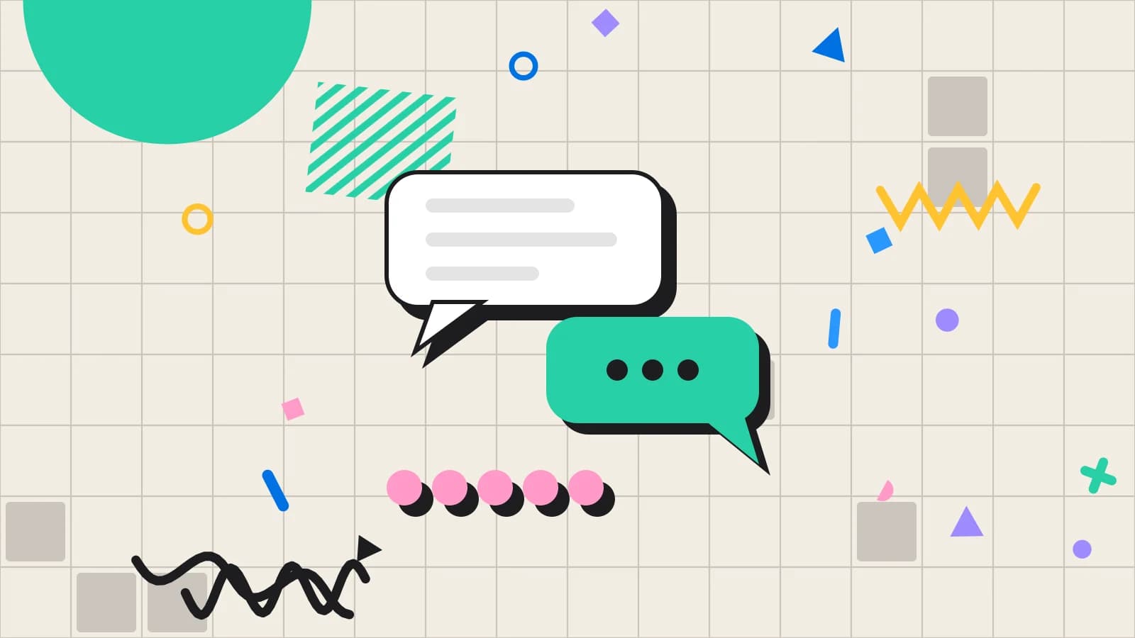 Illustration for guest complaints: speech bubbles above a row of rating dots, in pink and mint on cream.