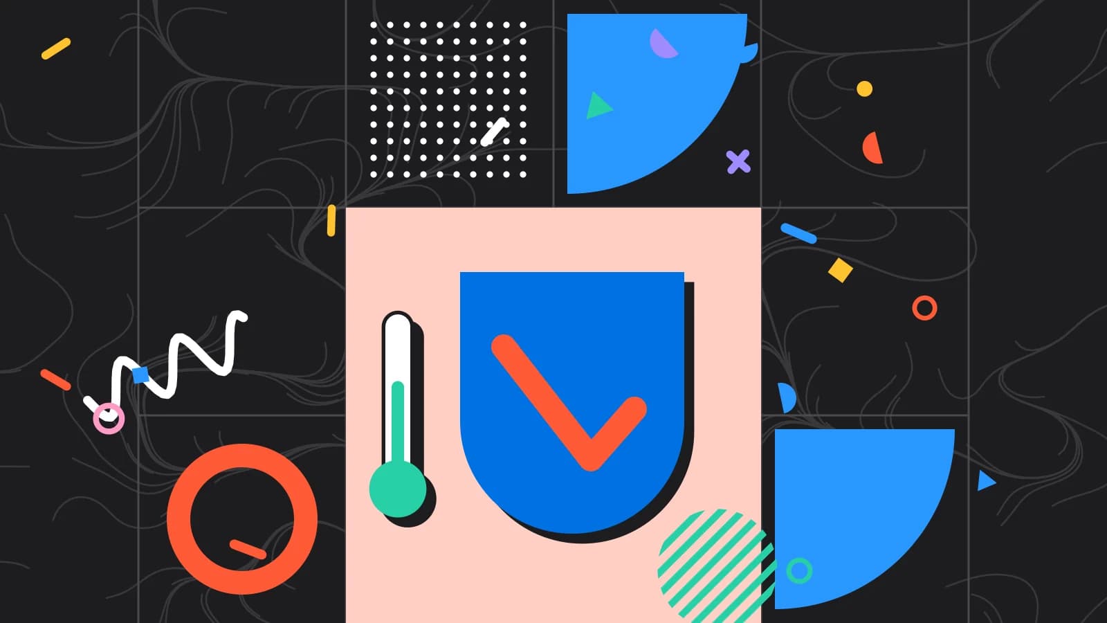 Illustration for haccp: a shield with a check mark beside a thermometer, in coral and mint on black.