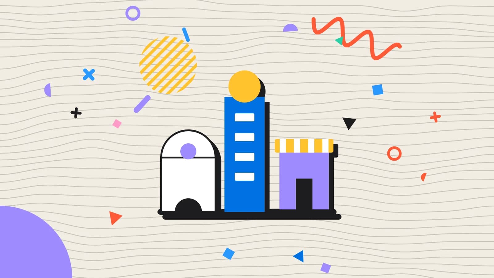Illustration for hotel food and beverage: a row of buildings made of simple shapes, in lilac and yellow on cream.