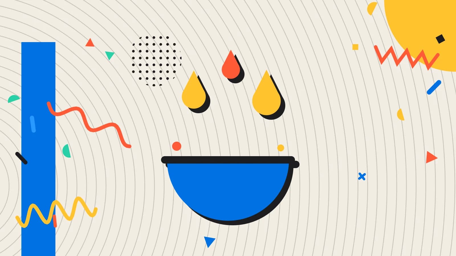 Illustration for restaurant food waste: drops falling into a bowl, in yellow and coral on cream.