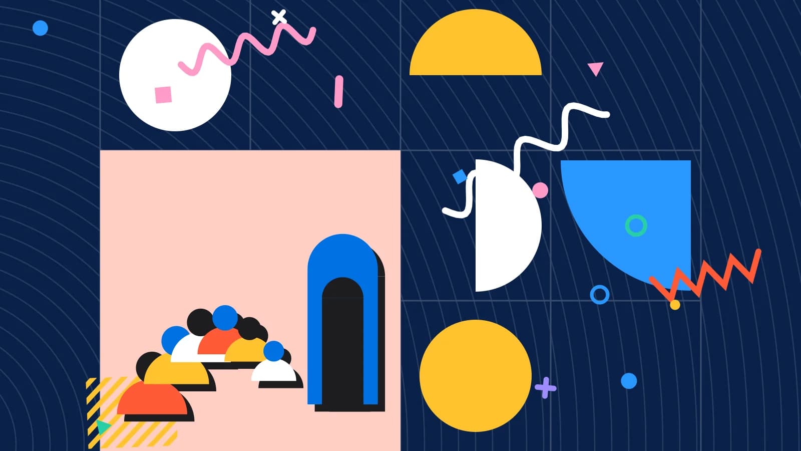 Illustration for waitlist software cost: a curving queue of figures leading to a doorway, in coral and yellow on navy.