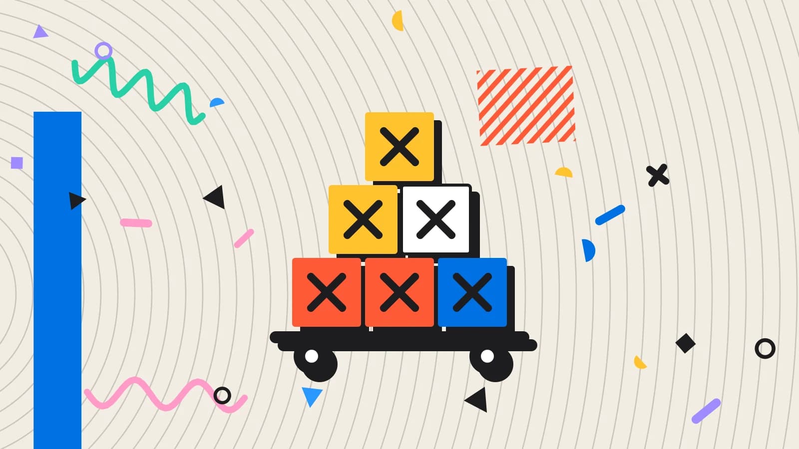 Illustration for negotiate with suppliers: crates stacked on a delivery cart, in yellow and coral on cream.