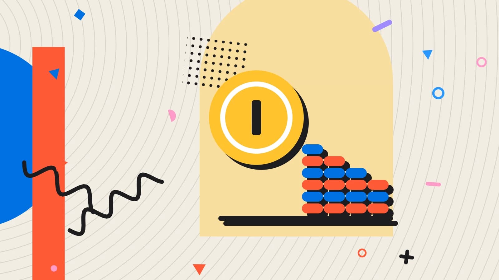 Illustration for menu price increase: stacked coins beside a large coin, in yellow and coral on cream.