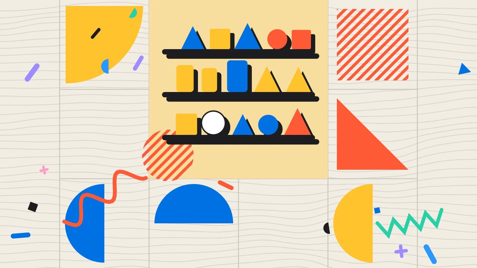 Illustration for restaurant stock count: shelves of shapes waiting to be counted, in yellow and coral on cream.