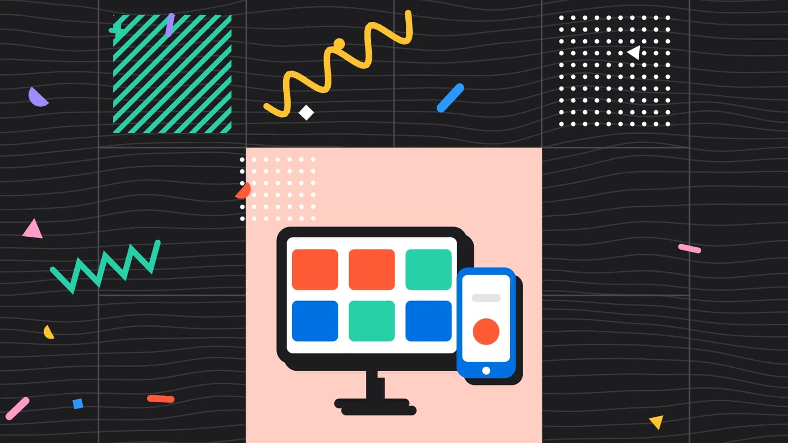 Illustration for integrations: a tablet and a phone showing simple blocks, in coral and mint on black.