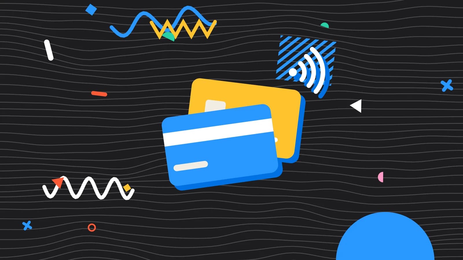 Illustration for manager approvals: two payment cards with contactless waves, in yellow and light blue on black.
