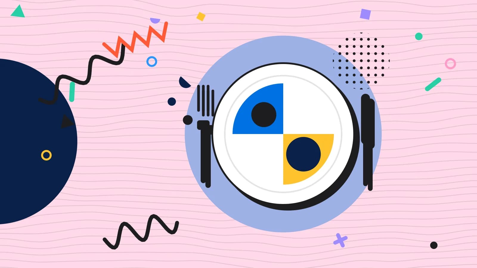 Illustration for menu mix: a plate seen from above, divided into coloured portions, with a fork and knife, in blue and yellow on pale pink.