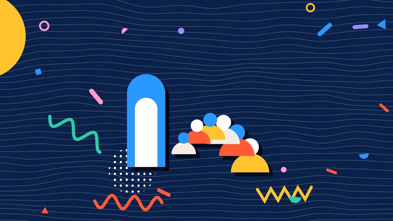Illustration for mixing bookings and walk ins: a curving queue of figures leading to a doorway, in coral and yellow on navy.