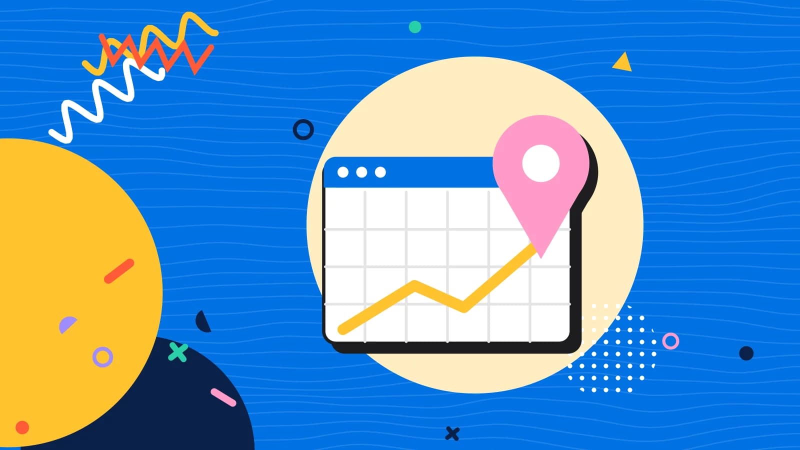 Illustration for mobile website: a location pin over a browser window with a map, in yellow and pink on blue.