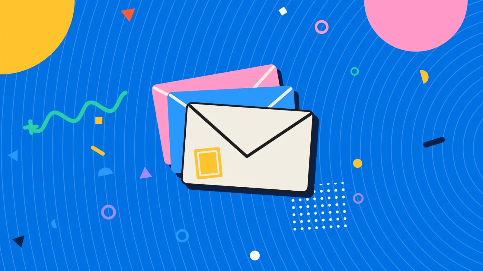 Illustration for email marketing mistakes: a fanned stack of envelopes with a stamp, in yellow and pink on blue.
