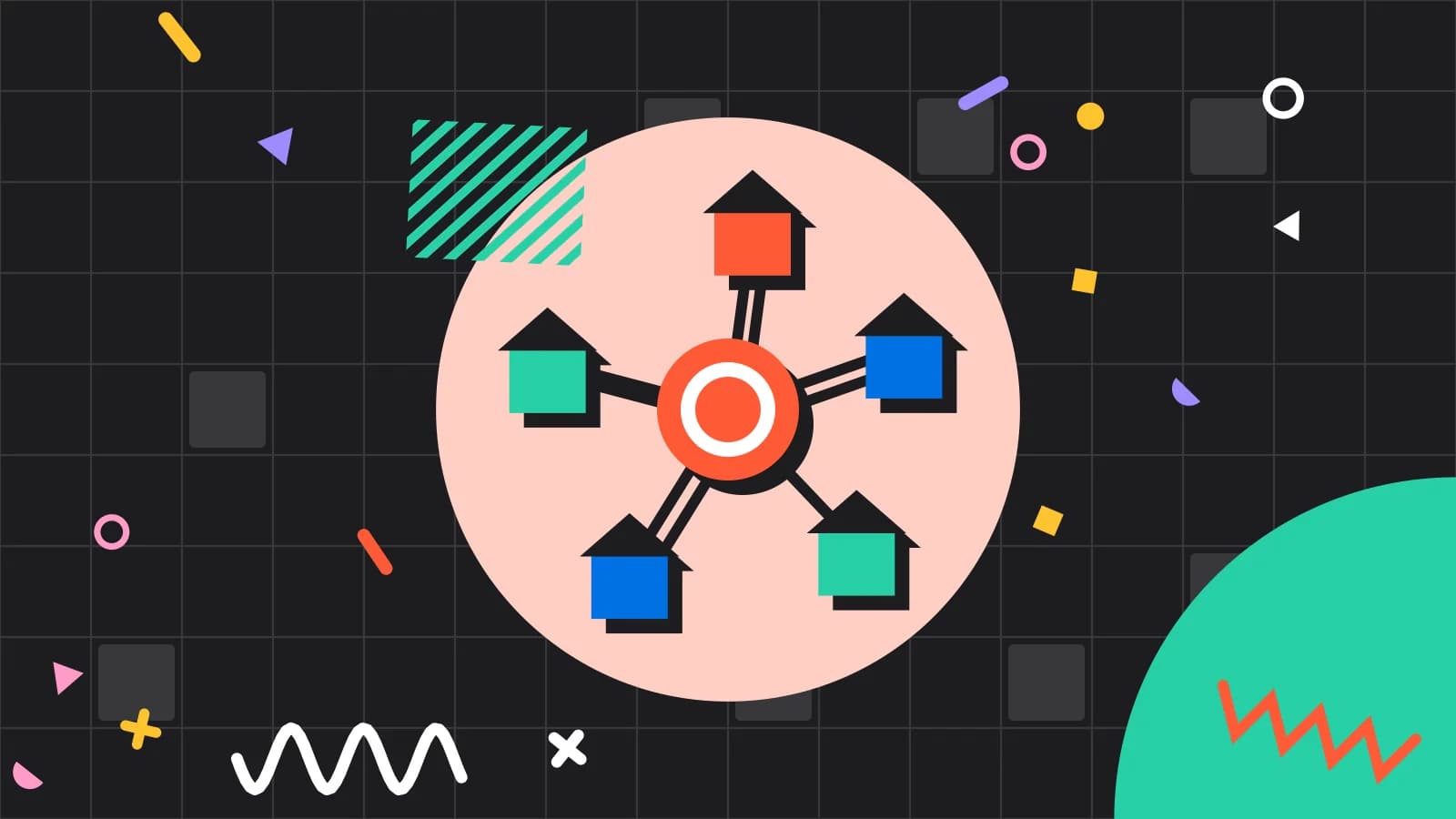 Illustration for one system across venues: venues linked to one central hub, in coral and mint on black.