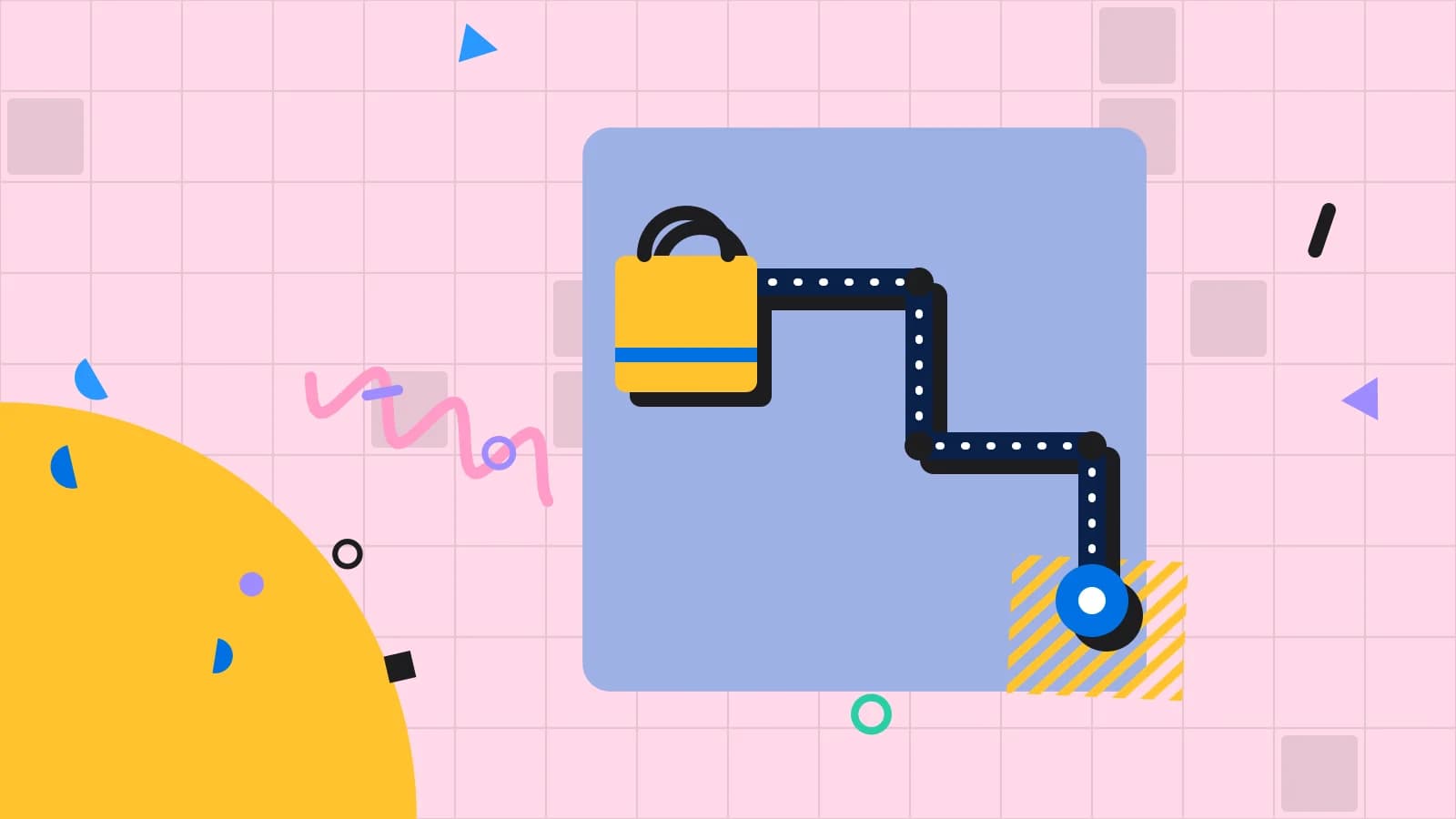 Illustration for online ordering conversion: a delivery route ending at a takeaway bag, in blue and yellow on pale pink.