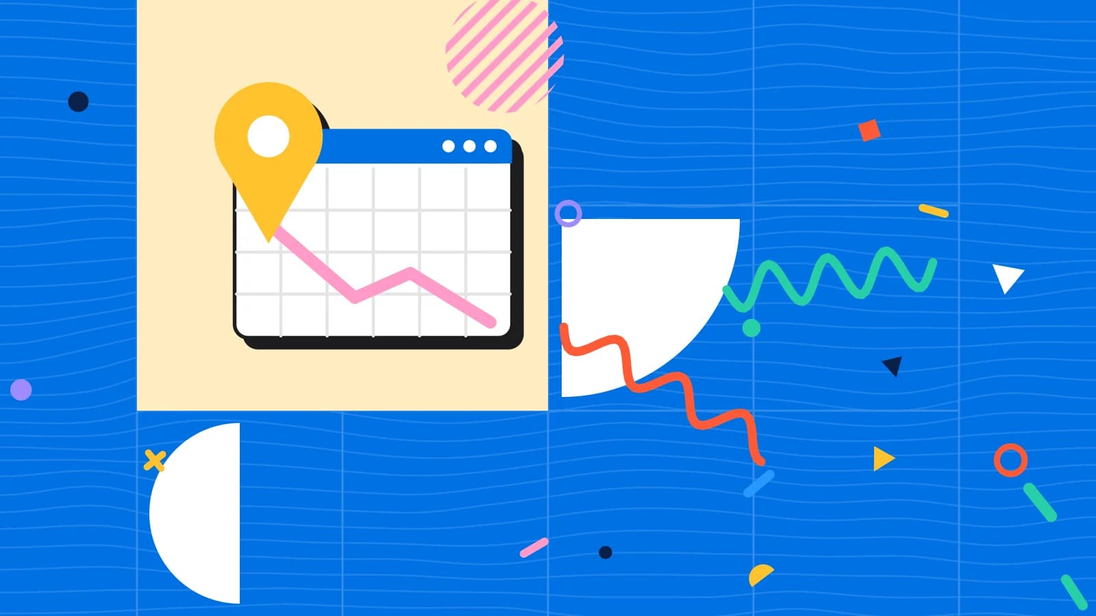 Illustration for opening hours online: a location pin over a browser window with a map, in yellow and pink on blue.