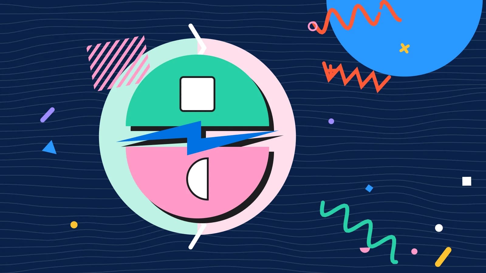 Illustration for opentable alternatives: two half circles facing each other across a lightning bolt, in mint and pink on navy.