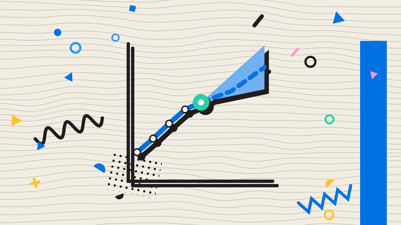 Illustration for ordering from a forecast: a trend line running on into a dashed forecast, in mint and blue on cream.