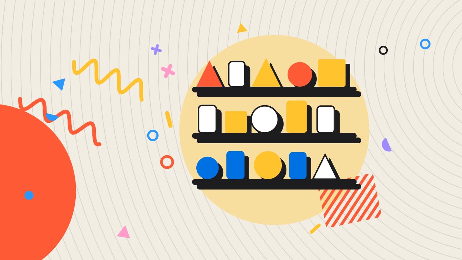 Illustration for par levels: shelves of shapes waiting to be counted, in yellow and coral on cream.