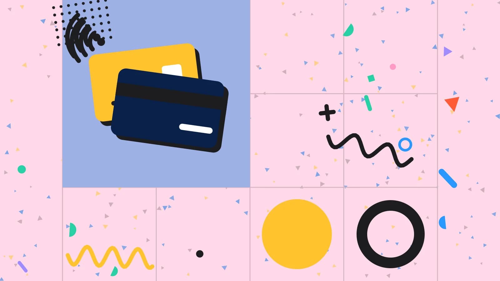 Illustration for pay at table: two payment cards with contactless waves, in blue and yellow on pale pink.