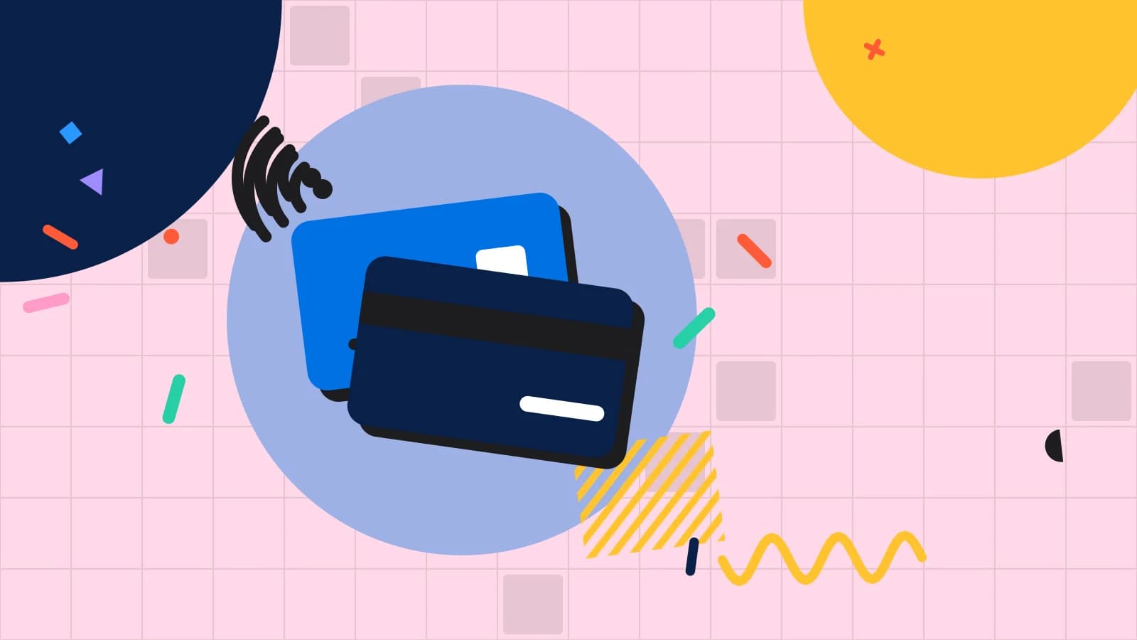 Illustration for paying by qr code: two payment cards with contactless waves, in blue and yellow on pale pink.