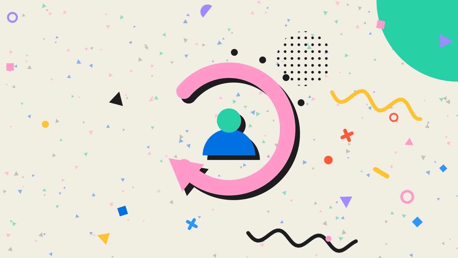 Illustration for personalisation: a looping arrow around a returning guest, in pink and mint on cream.