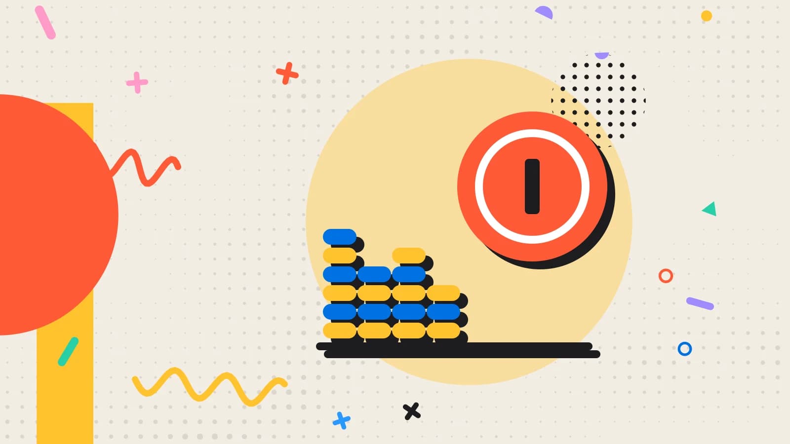 Illustration for plate cost: stacked coins beside a large coin, in yellow and coral on cream.