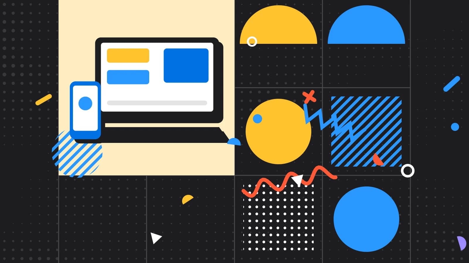 Illustration for POS across venues: a laptop and a phone showing simple blocks, in yellow and light blue on black.