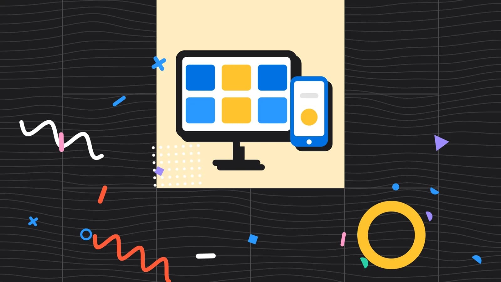 Illustration for POS features: a tablet and a phone showing simple blocks, in yellow and light blue on black.