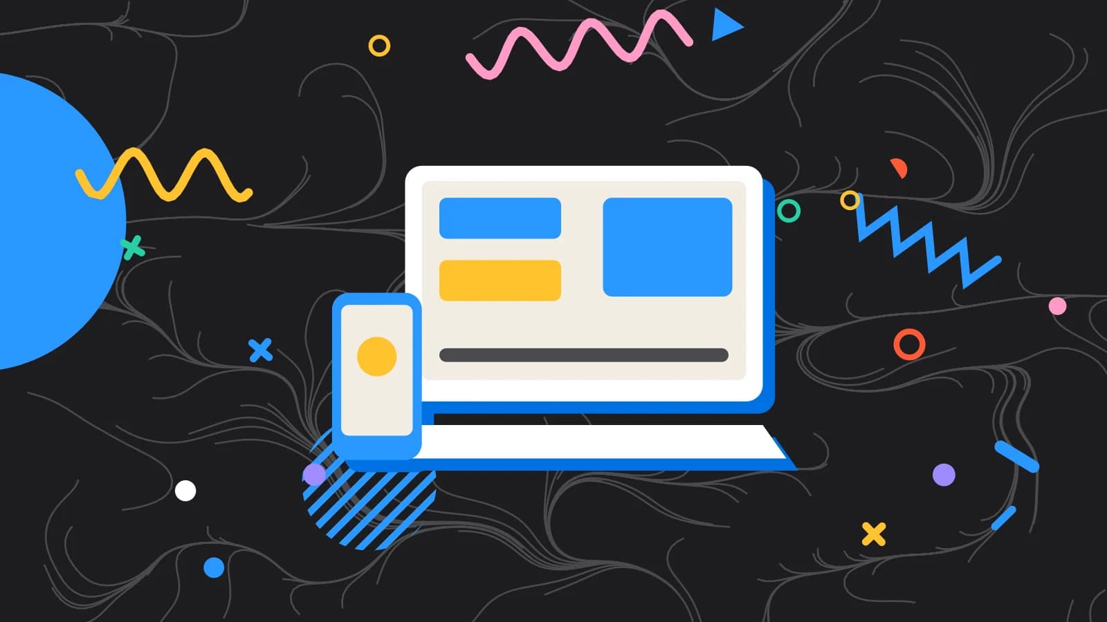 Illustration for POS offline mode: a laptop and a phone showing simple blocks, in yellow and light blue on black.