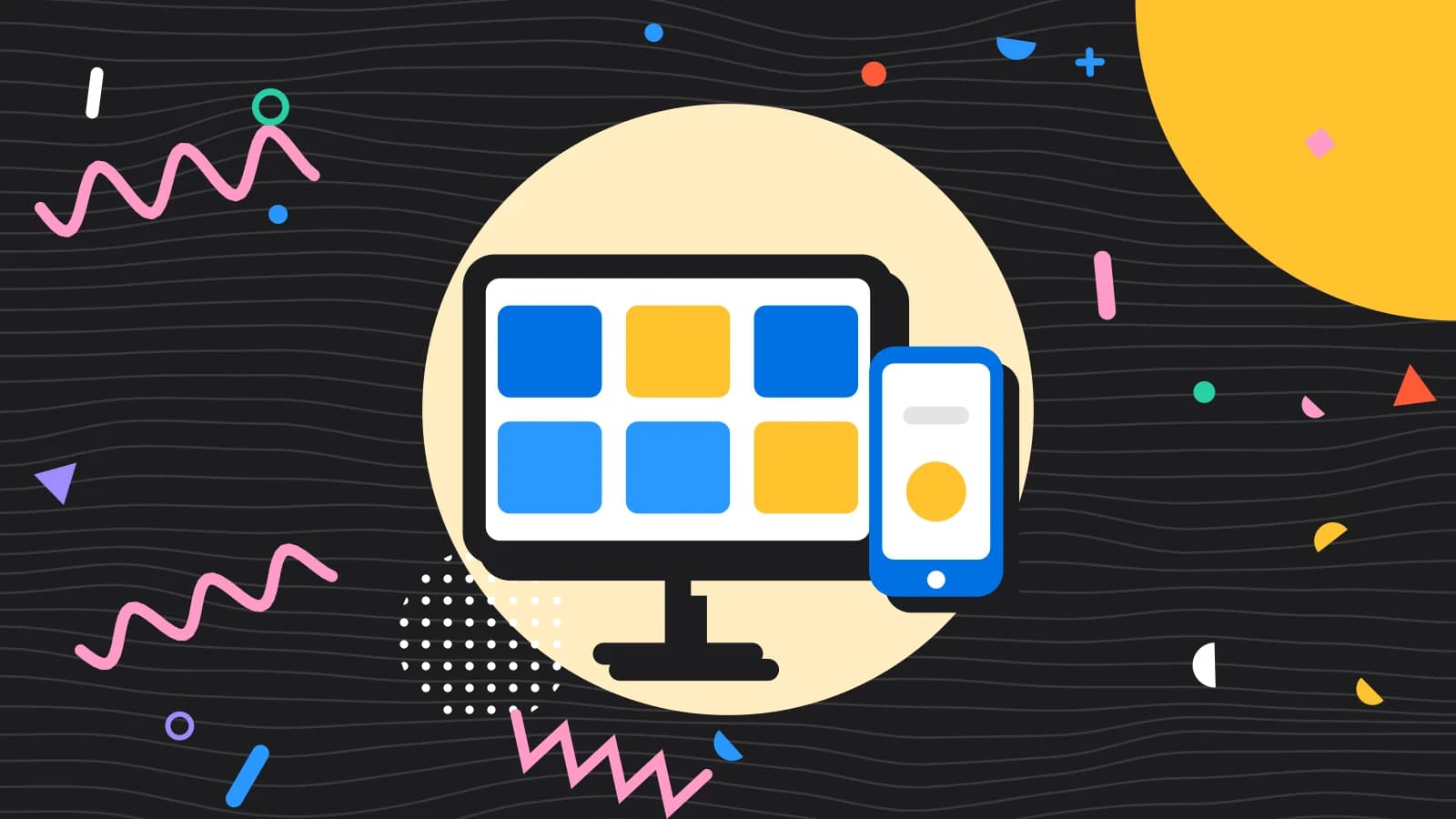 Illustration for POS permissions: a tablet and a phone showing simple blocks, in yellow and light blue on black.
