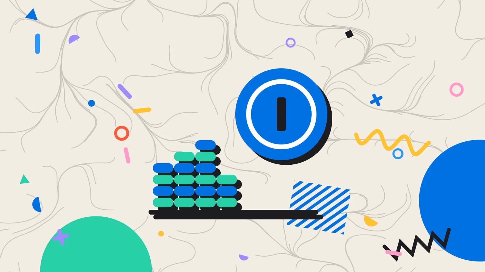 Illustration for profit per cover: stacked coins beside a large coin, in mint and blue on cream.