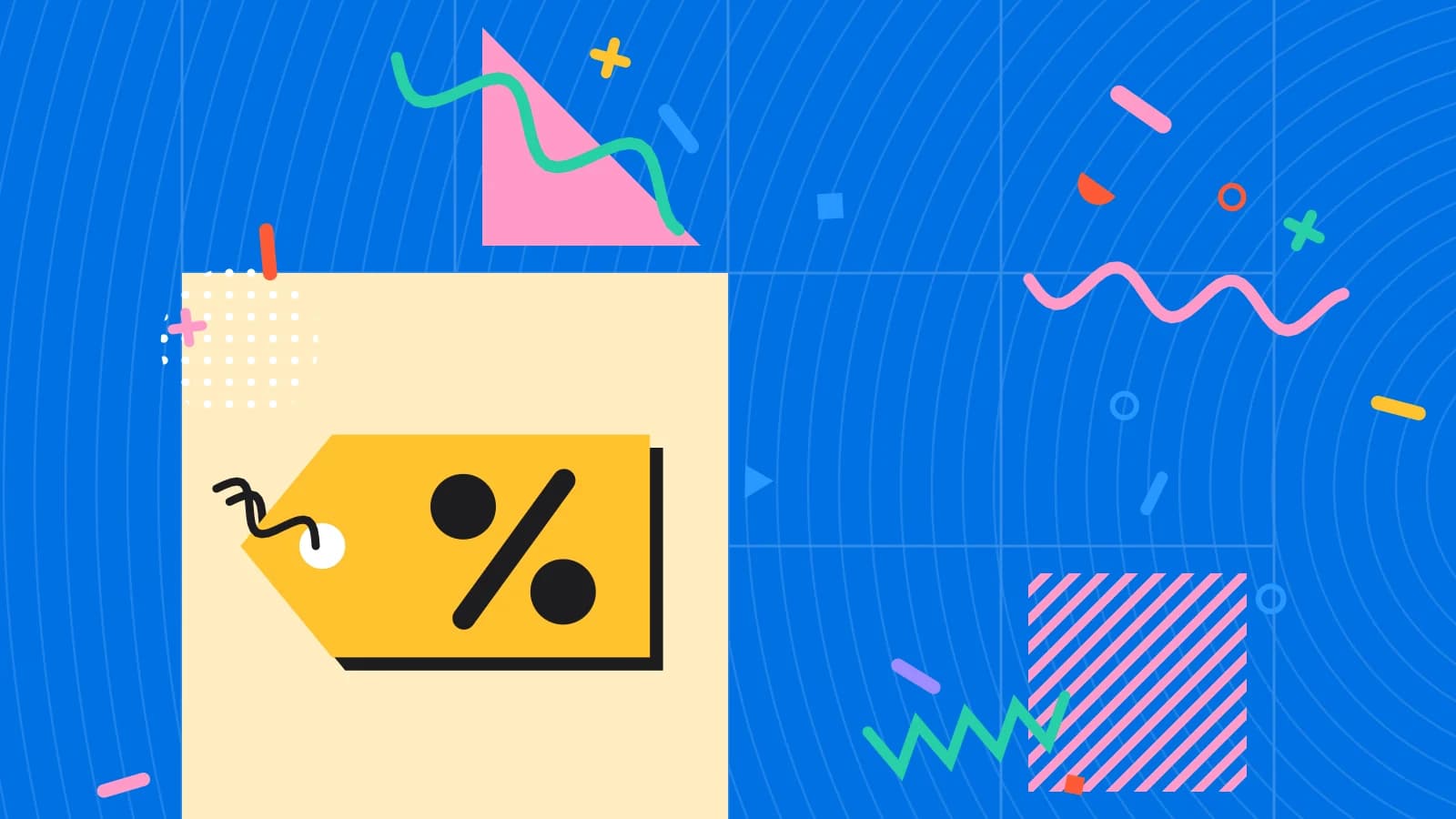 Illustration for promotion reporting: a price tag with a percent sign, in yellow and pink on blue.