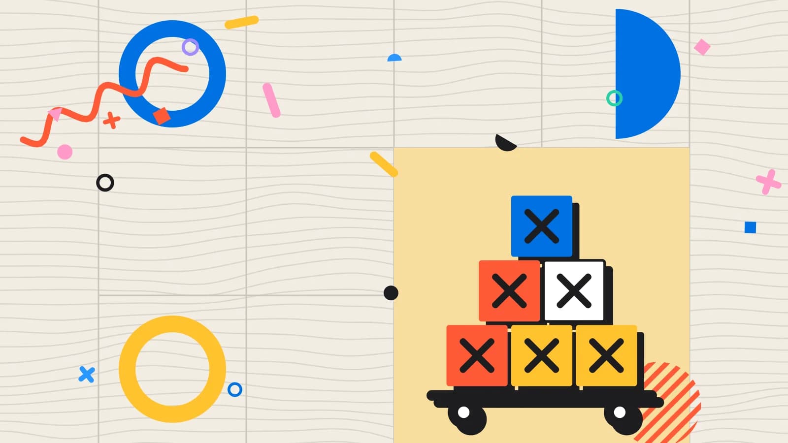 Illustration for purchase price variance: crates stacked on a delivery cart, in yellow and coral on cream.
