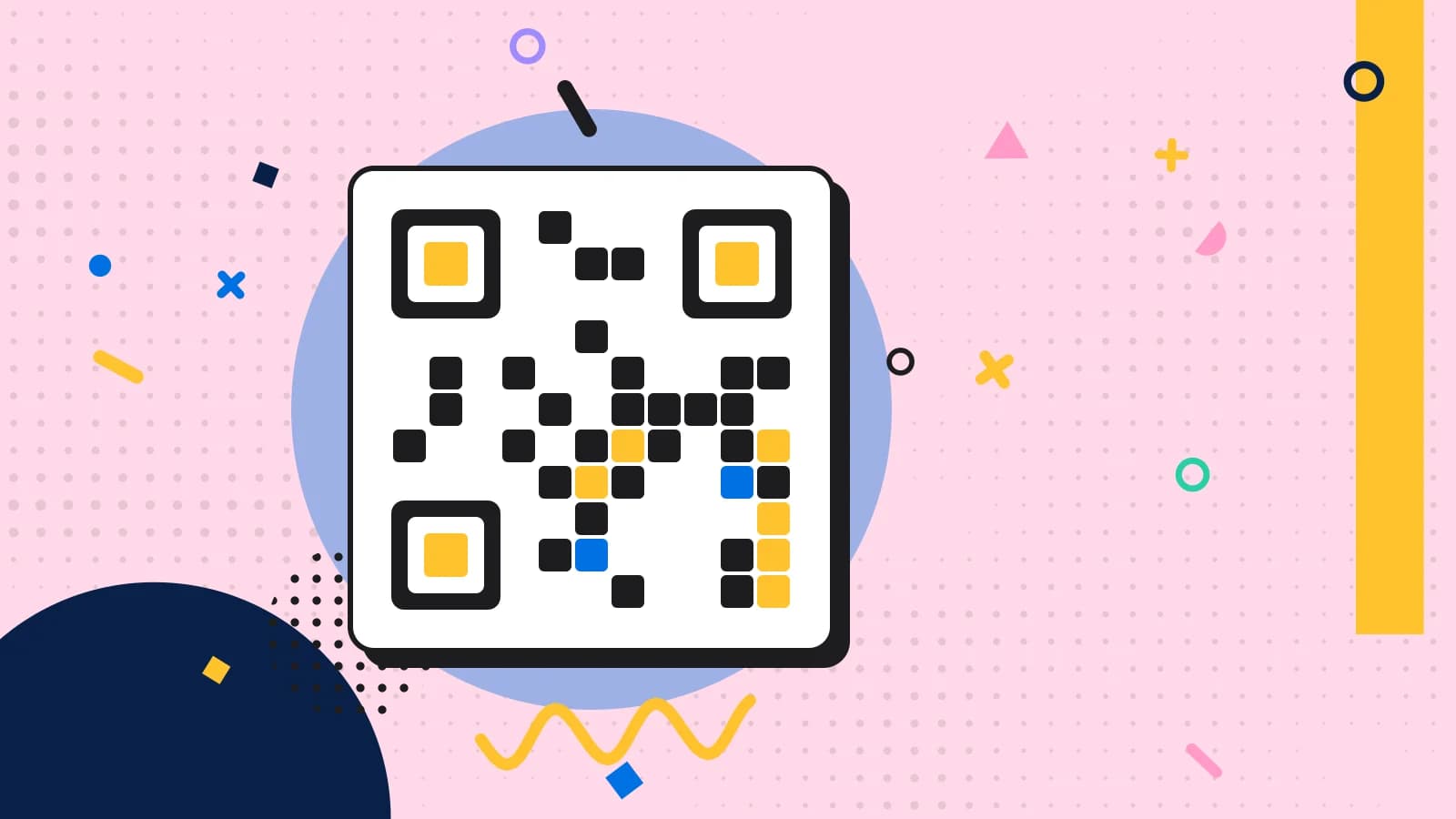 Illustration for qr ordering average spend: a grid of squares arranged like a QR code, in blue and yellow on pale pink.