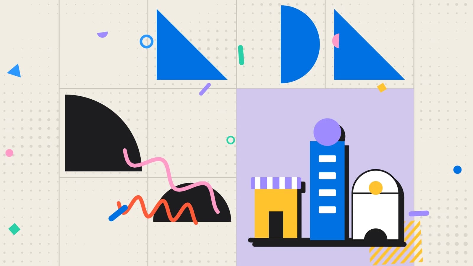 Illustration for quick service restaurant: a row of buildings made of simple shapes, in lilac and yellow on cream.