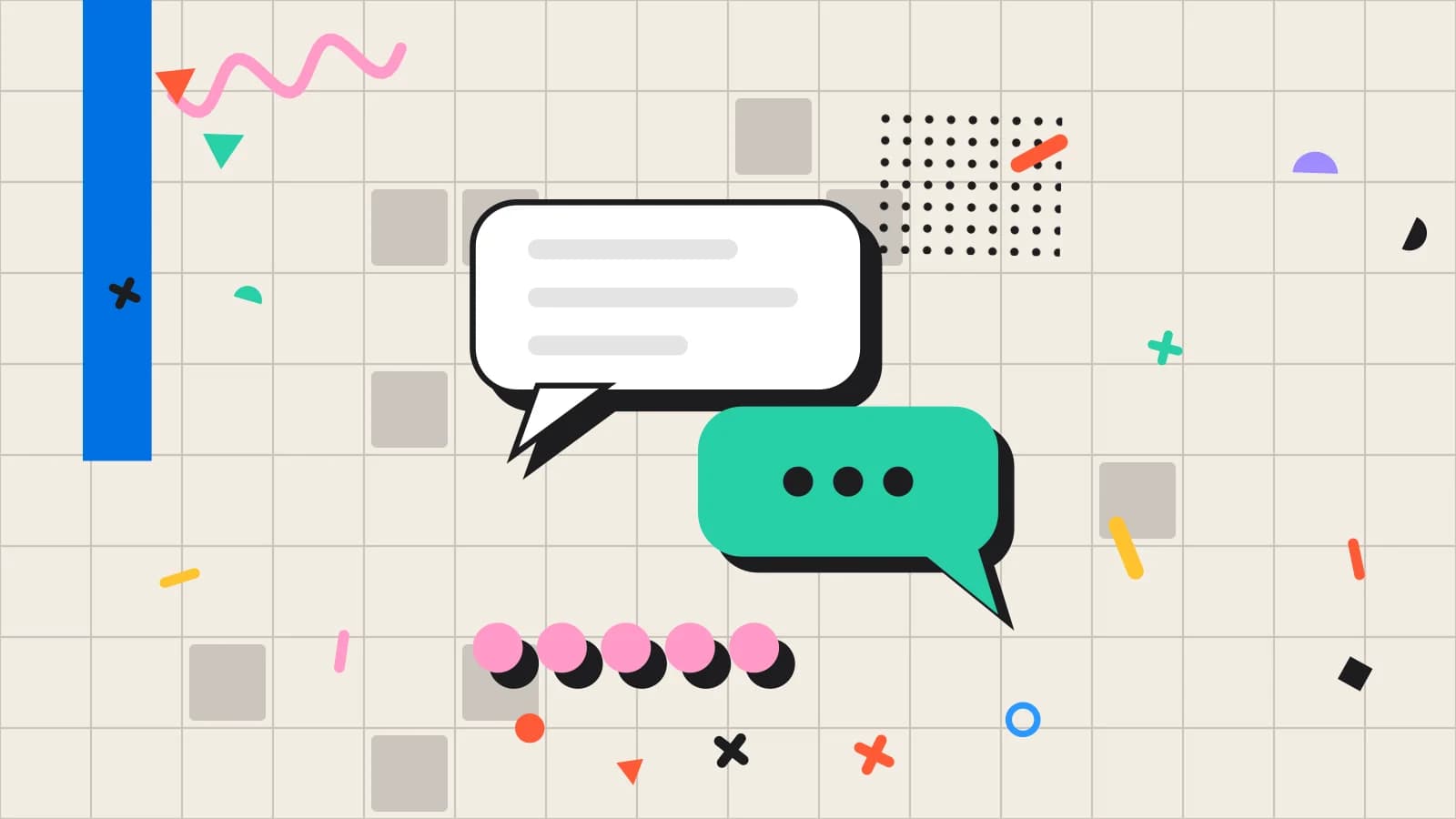 Illustration for reputation management: speech bubbles above a row of rating dots, in pink and mint on cream.