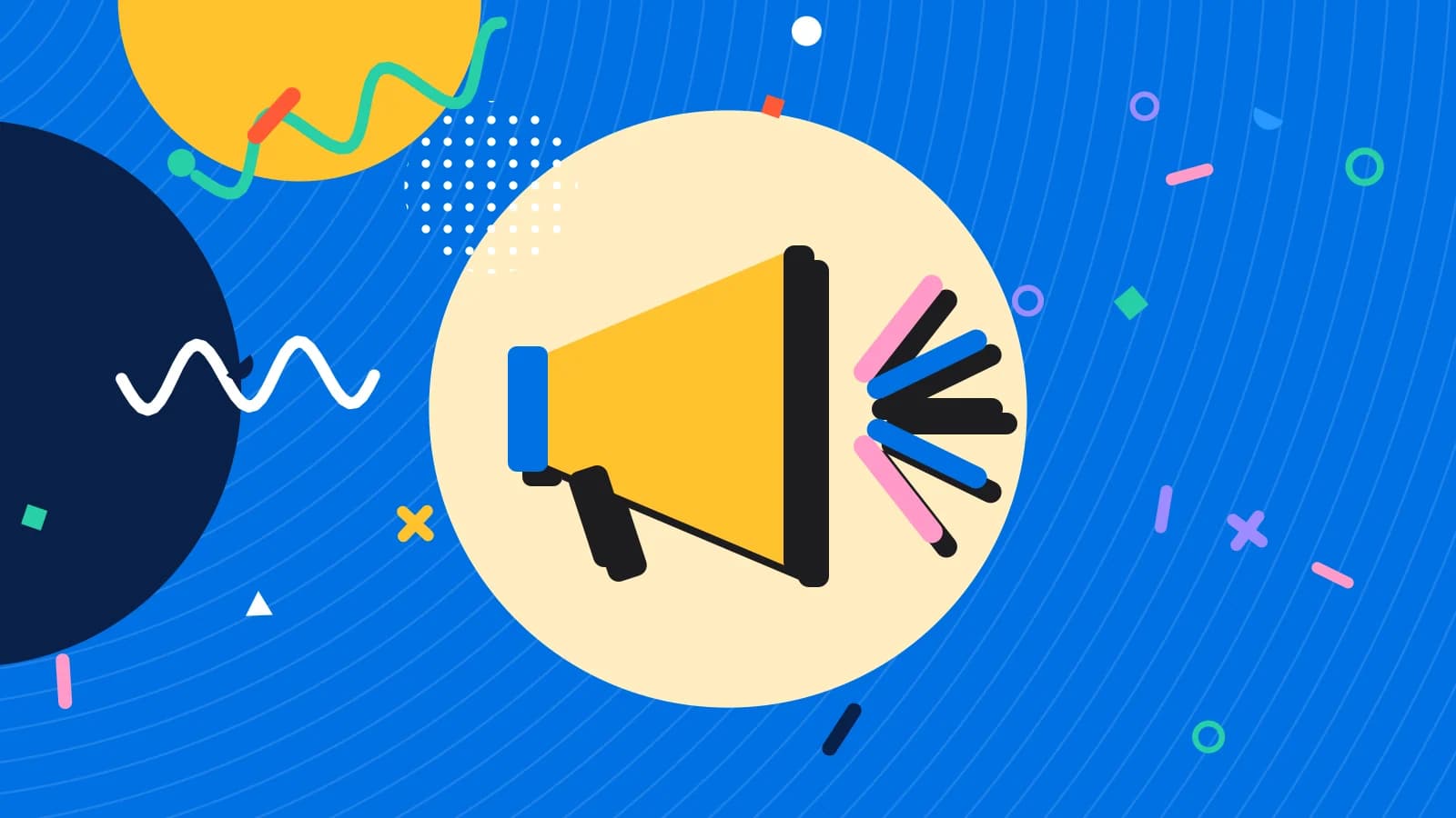 Illustration for restaurant branding: a megaphone with rays bursting from it, in yellow and pink on blue.
