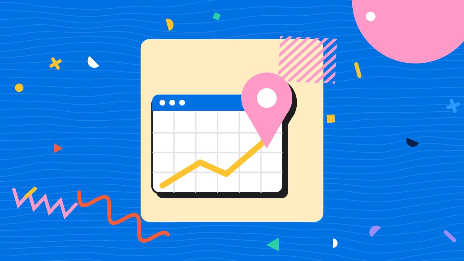 Illustration for restaurant website design: a location pin over a browser window with a map, in yellow and pink on blue.
