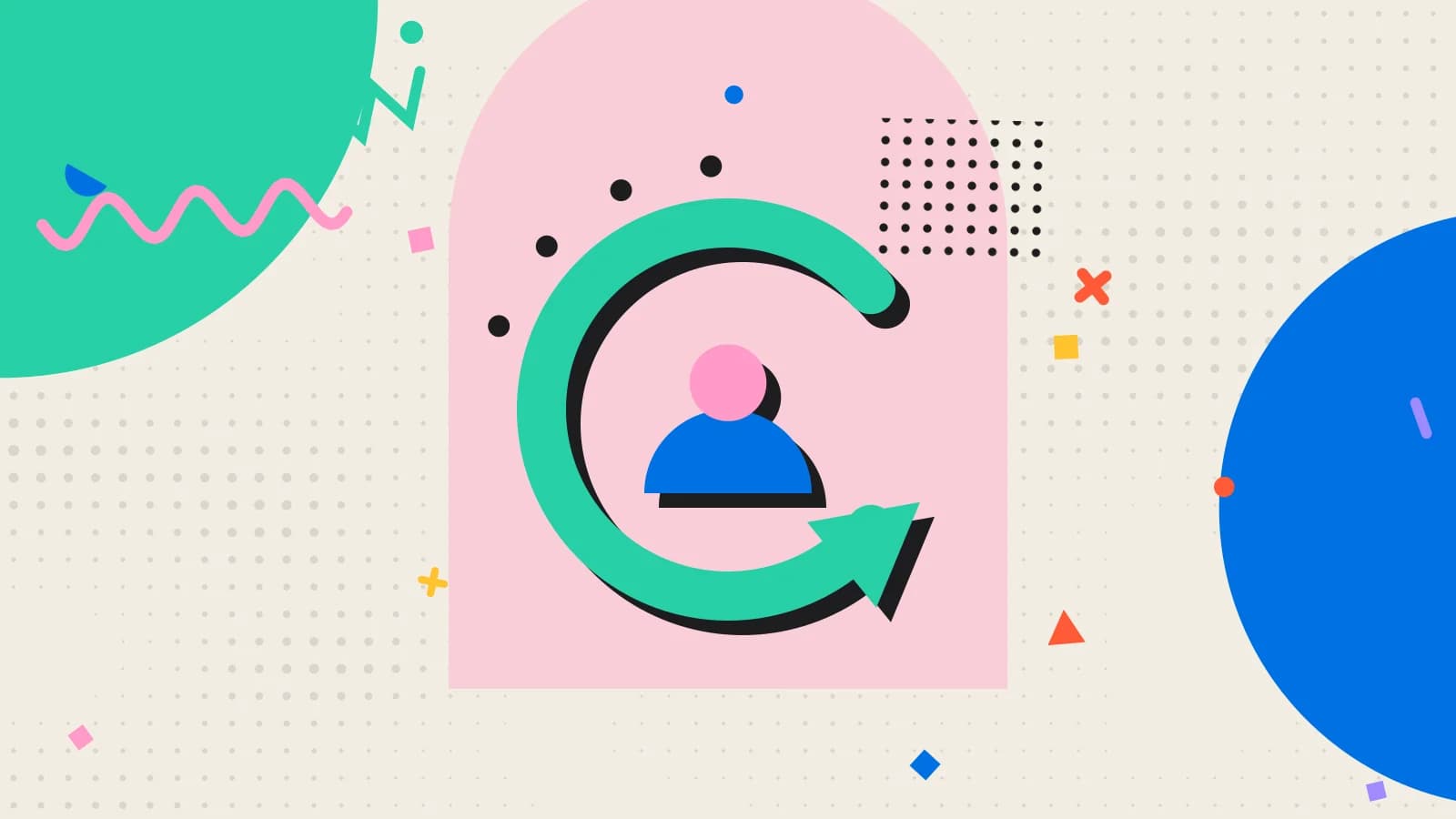 Illustration for retention or acquisition: a looping arrow around a returning guest, in pink and mint on cream.