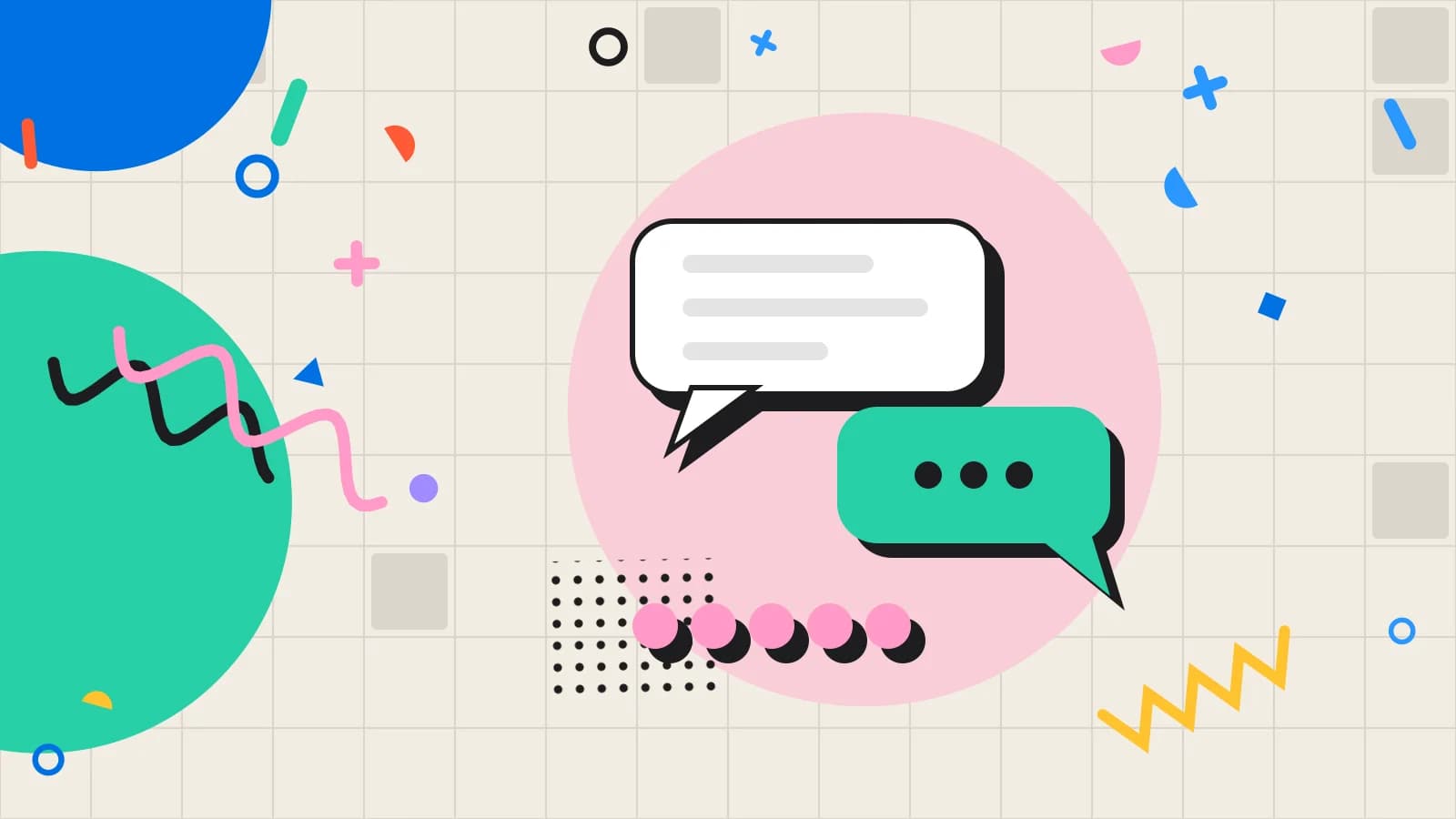 Illustration for review volume: speech bubbles above a row of rating dots, in pink and mint on cream.